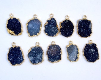 Black Quartz Druzy Petite Freeform Pendant with Gold Electroplated Edge (S28B10-02)