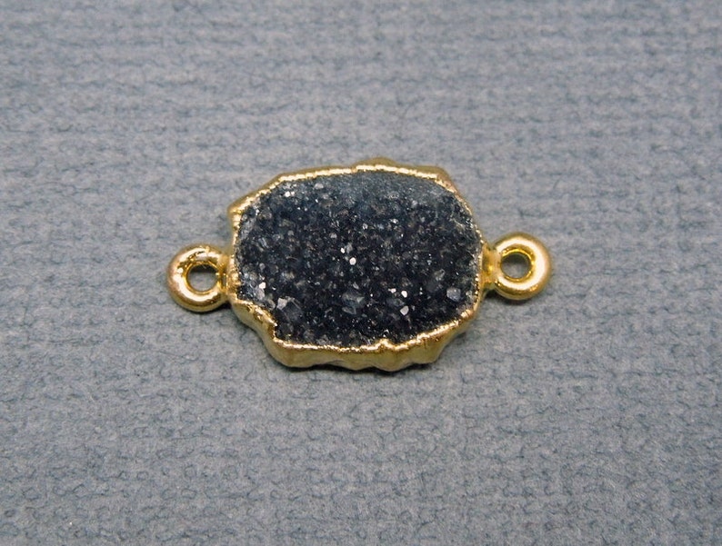 Dark Quartz Druzy Petite Double Bail Freeform Pendant with Gold Electroplated Edge Double Bail Connector Link S28B4-09 image 2