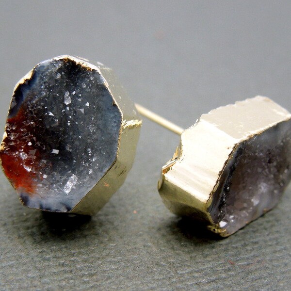 Agate Earrings-- Petite Dark Agate Druzy Stud Earrings with Gold Electroplated Edges (S48B19-05)