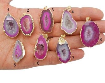Agate Druzy Half Geode Pendant with Electroplated 24k Gold Edges and Back -Petite Pink Pendant - YOU CHOOSE - (Lot G-2173)