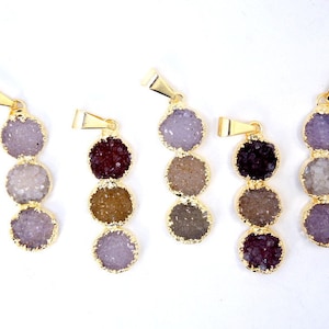 Druzy Pendant- Triple Druzy Quartz Gemstones Pendant with 24k Gold Electroplated Edge (S11B6-08)