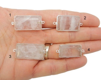 Rose Quartz Double Bail Pendant with Electroplated Silver Edge - Lovely Rectangle Pendants - YOU CHOOSE (Lot S-870)