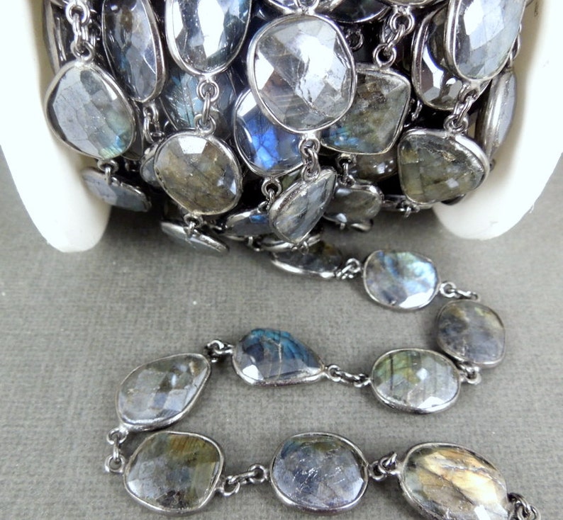 CHNROOM-04 ONE FOOT Mystic Labradorite with Black Polish Sterling Silver Bezel Station Connector Chain-