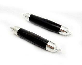 Black Bone Bar Double Bail Pendant with Electroplated Silver Caps (S85B7-09)