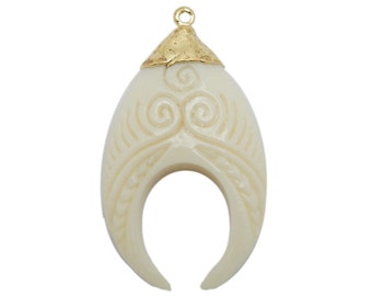 Crescent Pendant - White Bone Carved Crescent with Intricate Swirl Design Pendant with Electroplated 24k Gold Cap and Bail (S35B19-12)