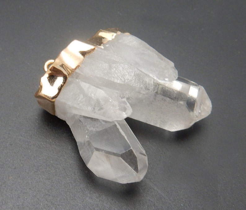 S36B22-09 Crystal Quartz Point Cluster Double Bail Pendant with Electroplated 24k Gold Cap and Bail