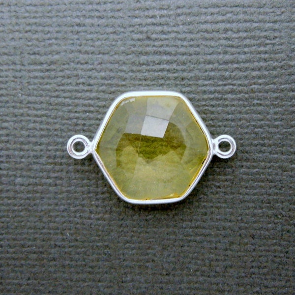 Lemon Topaz Station Hexagon Connector- 14mm Sterling Silver Bezel Link - Double Bail Charm Pendant (S33B10-02)