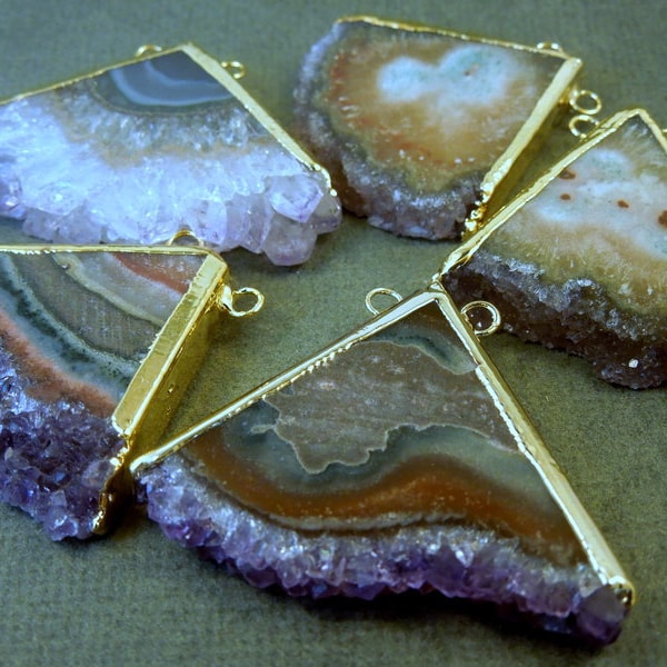 Amethyst Triangle Slice with 24k gold layered edge and double bail Pendant - Handmade Druzy amethyst slice drusy pendant ASP - S1B10-10