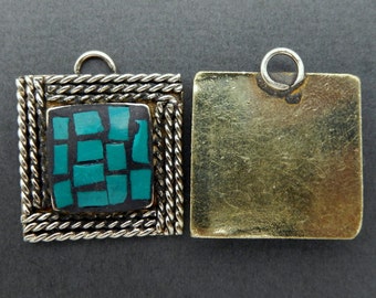 Square Turquoise Color Mosaic Brass Pendant  (S4B5-12)