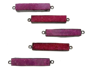 10 pcs Dyed Hot Pink Colored Druzy Double Bail Pendant -- Oxidized Silver Plated Bezel Bar - BULK LOT OF 10 - Bzldruz (S35B16-07)