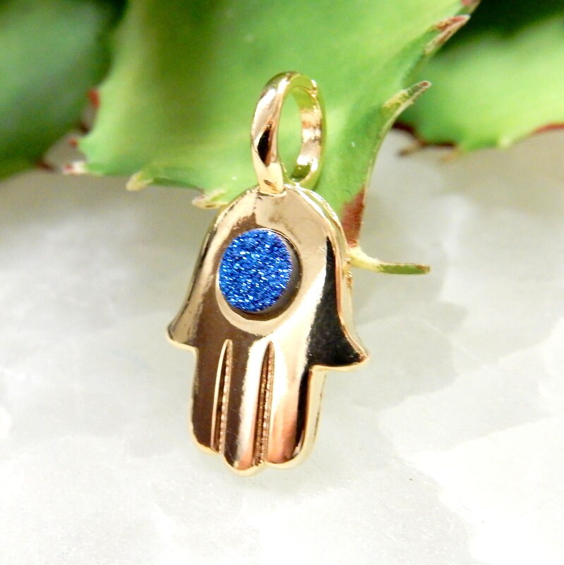 Hamsa Hand Pendant with Tiny Mystic Druzy Accent in Gold Plated or Silver Plated (S34B25b)