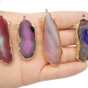 Agate Slice Double Bail Pendants with Electroplated 24k Gold Edge (LOT G-761)