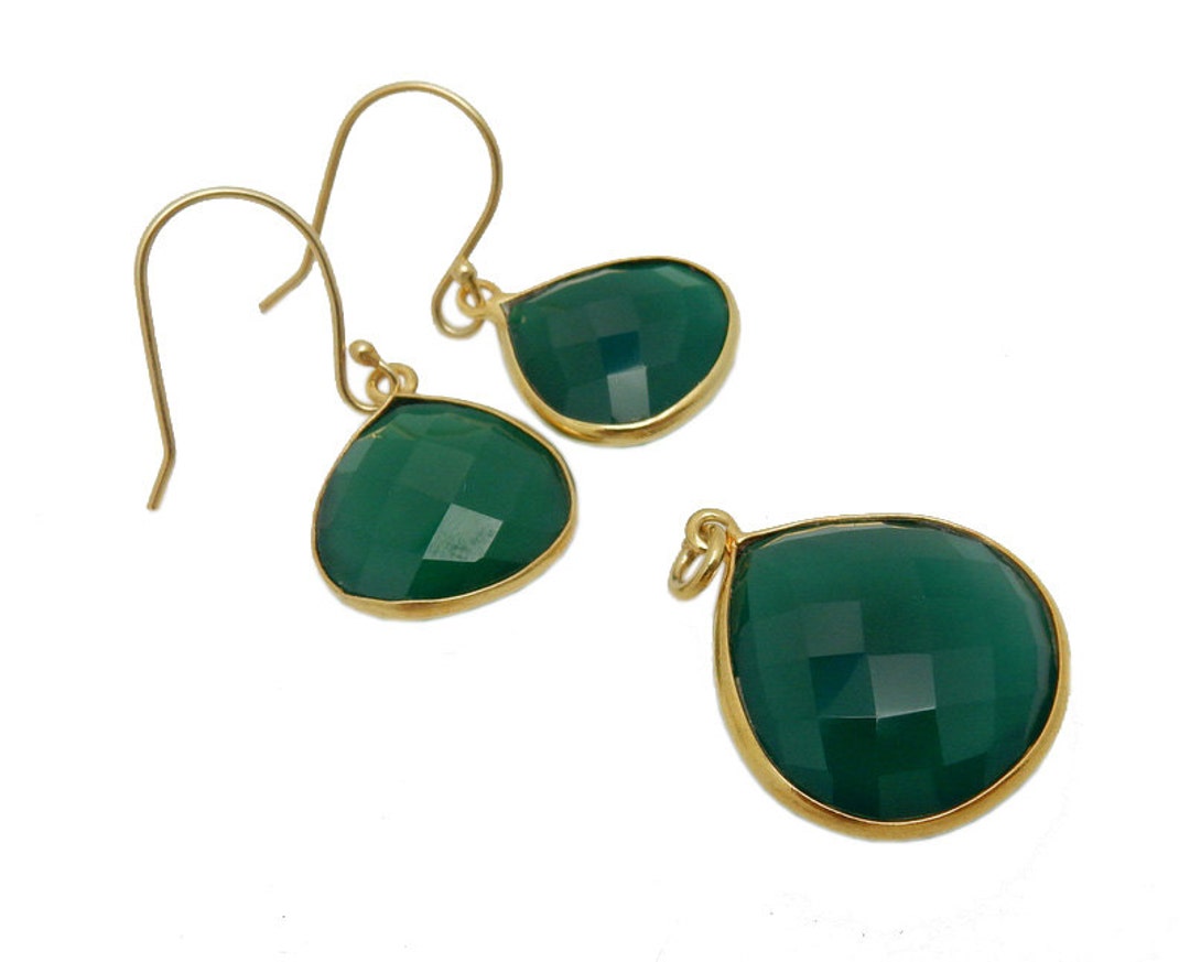 ピアス Deco 24K Gold Plated Green Onyx Drop Earrings Large Green Onyx Drop Earrings in Gold, Natural Gemstone