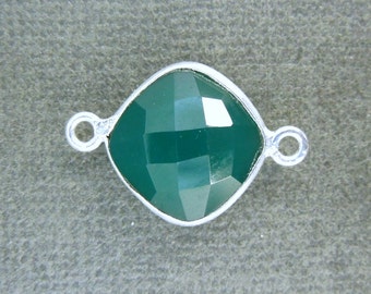 Gemstone Connector- Green Chalcedony Station Square Connector - 12mm Silver layered Bezel Link - Double Bail Charm Pendant (GZ-24)