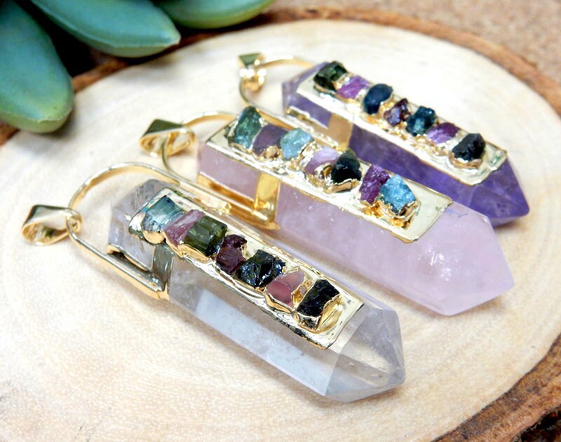 Quartz Point Pendant with Watermelon Tourmaline Accents and Electropl…