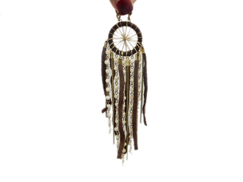 Brown Leather Dream Catcher Tassel Pendant With White Bead Etsy
