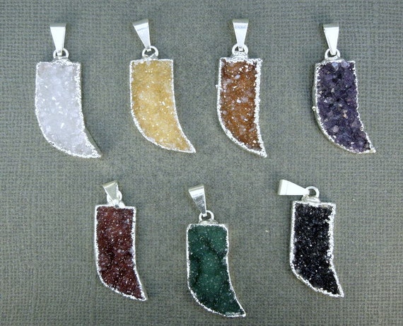 Druzy Drusy Druzzy Horn Pendants with Silver electroplated Edge-- Silver Druzy Horn Pendants (S1B3-02)