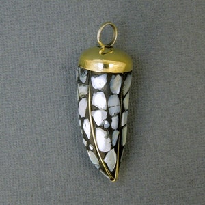 Tibetan Brass Horn with Mother of Pearl Mosaic Pendant (S32B6-01)