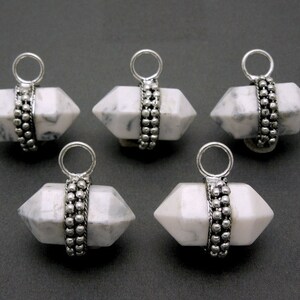 White Howlite Colored Nugget Pendant  -- Double Terminated Nugget with Dotted Silver Toned Brass Edge and Bail - (S20B14-03)