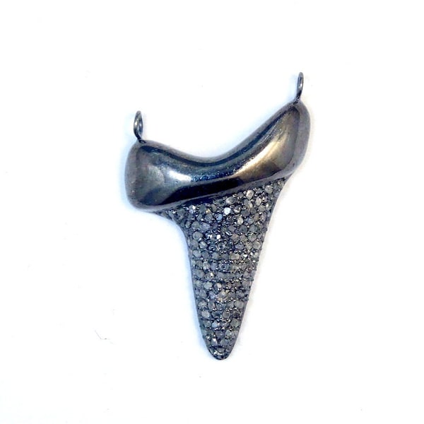 Pave DIAMOND Oxidized Sterling Silver Shark Tooth Double Bail Charm Pendant (EX2-9)