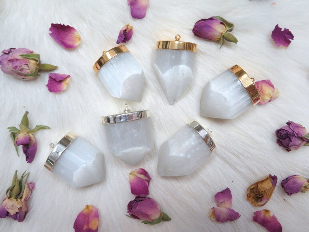 Selenite Point Pendant With Electroplated 24k Gold or Silver Cap