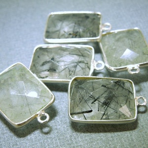 Rutilated Crystal Quartz Station Rectangle Pendant 12mm x 16mm Sterling Silver Bezel Link Charm Pendant WL-15 image 1