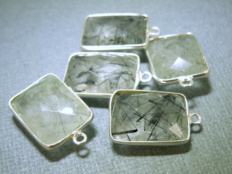 Rutilated Crystal Quartz Station Rectangle Pendant 12mm x 16mm Sterling Silver Bezel Link Charm Pendant WL-15 image 1