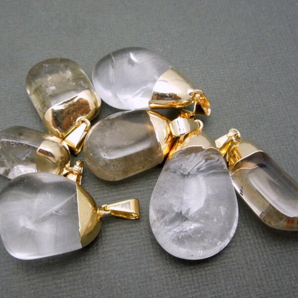 Overstock SALE Large Natural Crystal Quartz Agate Pendant- Tumbled Crystal Quartz  Electroplated 24k Gold Cap and Bail (S24B17-02)