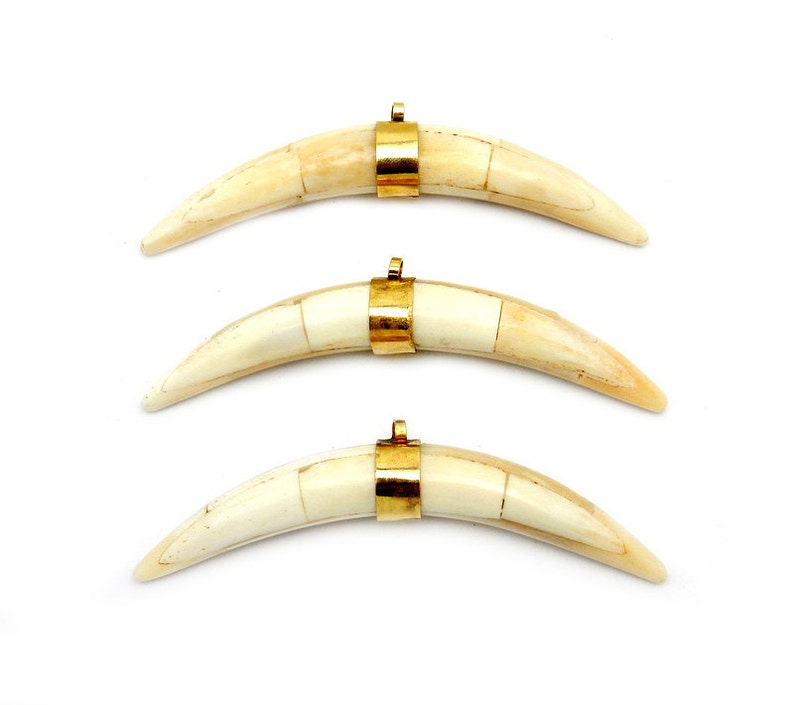 White Bone Carved Sideways Horn Pendant With Brass Band - Etsy
