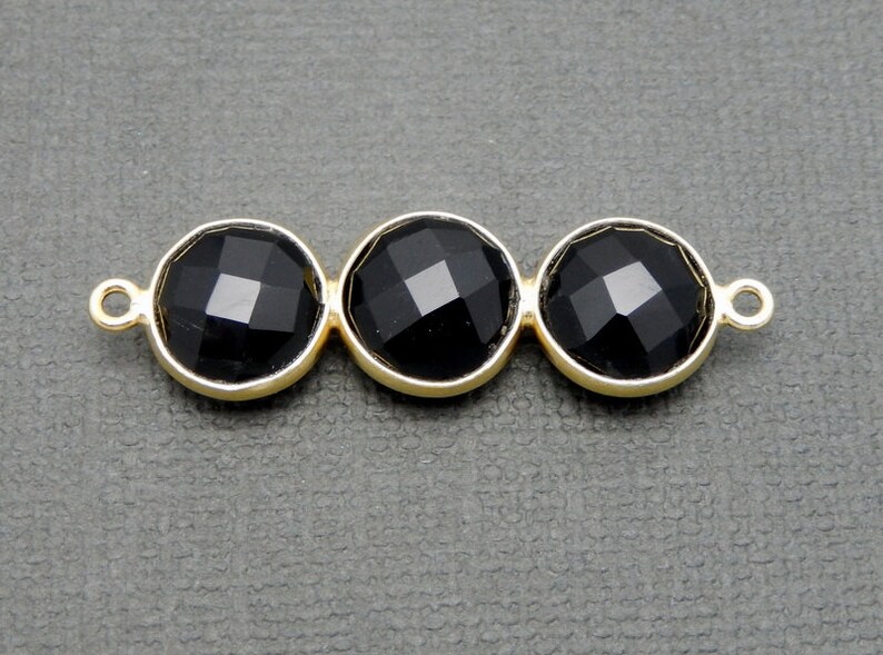 Black Onyx Triple Round Pendant Connector Three 10mm Gold Over Sterling Round Attached Bezels Double Bail Pendant S34B21-08 image 4