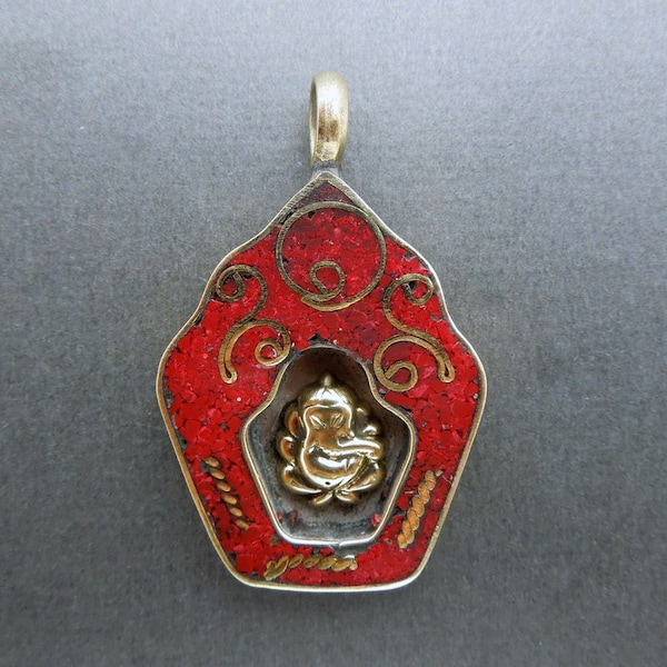 Tibetan Pendant- Red Coral and Brass Ganesha Pendant with Brass Repousse (S42B3-03)