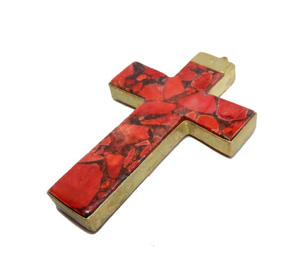 JUMBO Red Howlite Mosaic Cross Pendant With Electroplated
