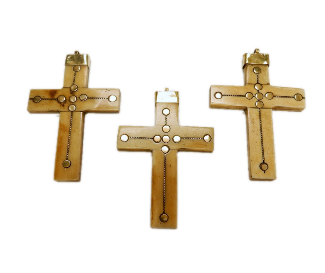 Large Bone Cross Pendant With Brass Dotted Accents and Brass Cap and ...