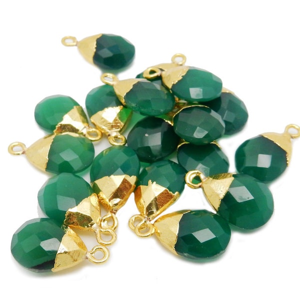 Petite Green Onyx Gemstone Teardrop Briolette Pendant with Electroplated 24k Gold Cap and Bail (S17B1-22) bgt