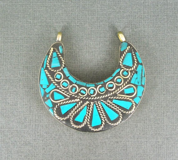 Vintage Tribal Tibetan Buddha w/ Turquoise Inlay White Metal Pendant main image 1