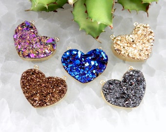 Mystic Druzy Heart Double Bail Pendant with Electroplated 24k Gold or Silver Edge (S8B27) (S8B28)