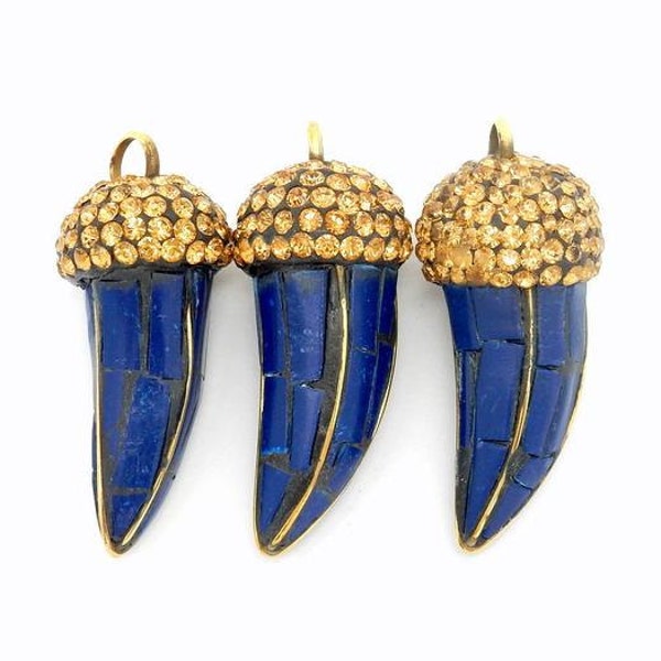 Pave CZ Horn Lapis Lazuli and Brass Mosaic Horn Pendant with Gold Toned Rhinestone Pave Cap RPH (S93B3-01)
