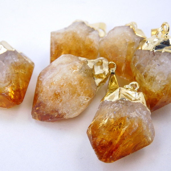 3 Pcs - Citrine Point Pendant--  Raw Citrine Nugget with 24k Gold Electroplated Cap -- BULK LOT of 3 (S122B1)