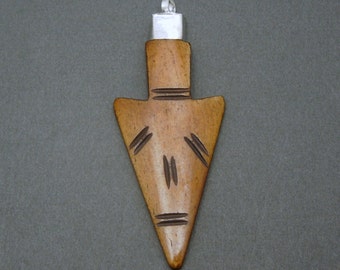 Brown Carved Bone Arrowhead with Silver-Toned Cap and Bail - (S73B6-01)
