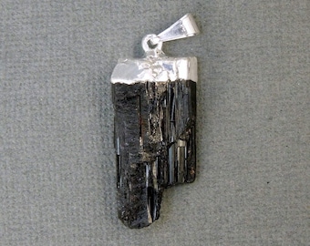 Tourmaline Charm Pendant - Raw Black Tourmaline Rod with Silver Electroplated Cap (S24B14-02)