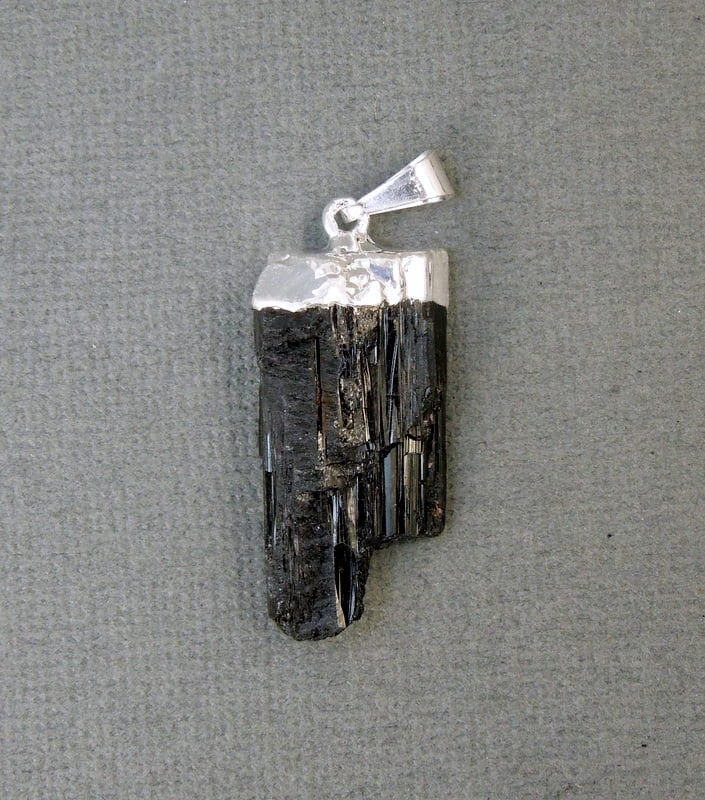 Tourmaline Charm Crystal Pendant - Raw Black Tourmaline Rod with Silver Electroplated Cap Healing Stones