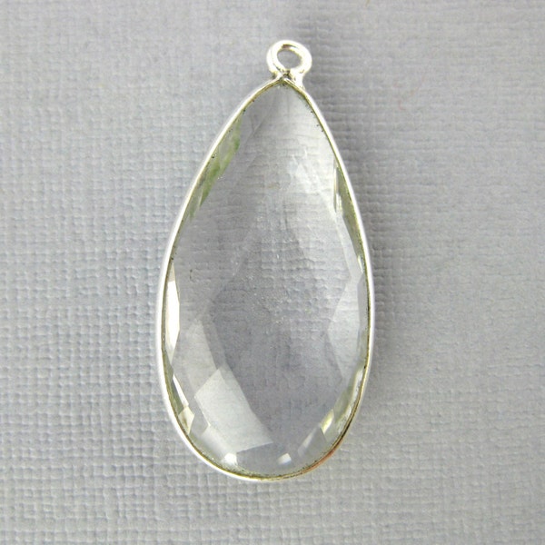 Crystal Quartz Teardrop Pendant- 30mm x 15mm Sterling Silver Bezel - Single Bail Charm Pendant (WG-14)