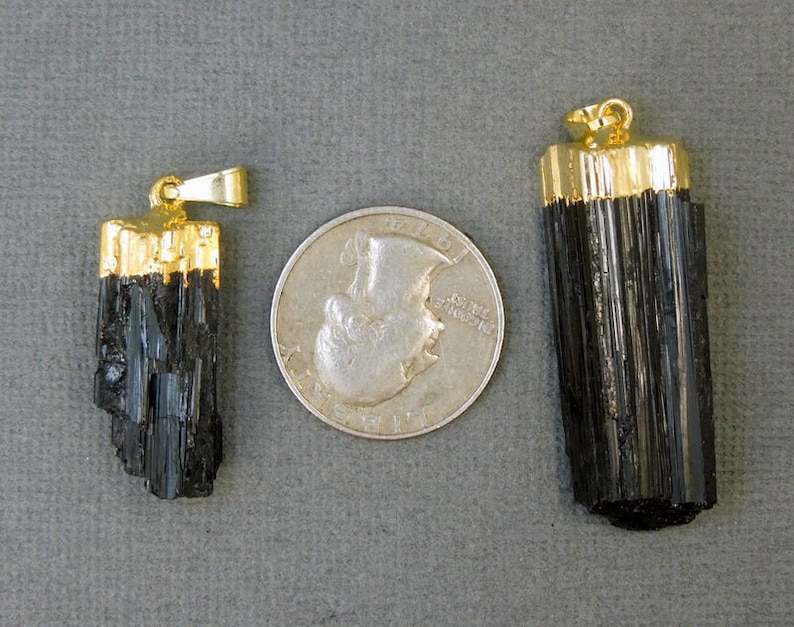 Black Tourmaline Pendant Raw Black Tourmaline Stone Rod with Gold Electroplated Cap S24B14-01 image 4