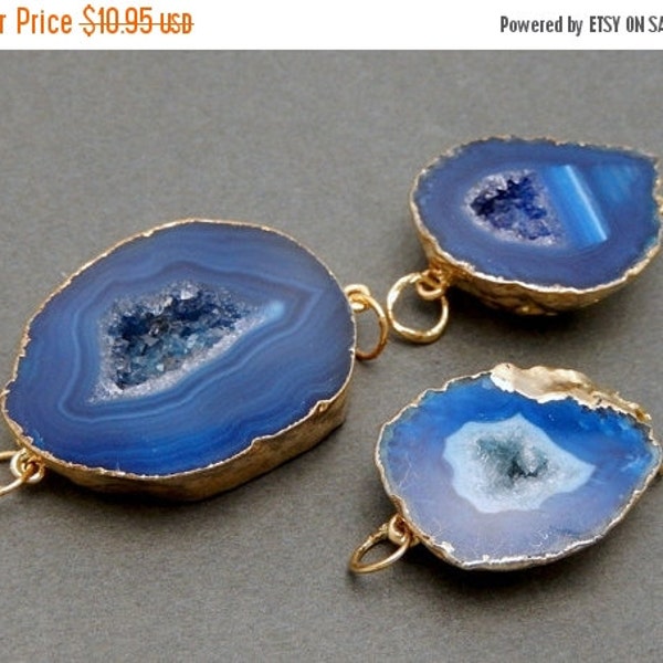 Overstock SALE  Druzy Agate Slice Double Bail Pendant Connector -Blue Agate with Electroplated 24k Gold Edge And Bails DSA (S35B8b-06)