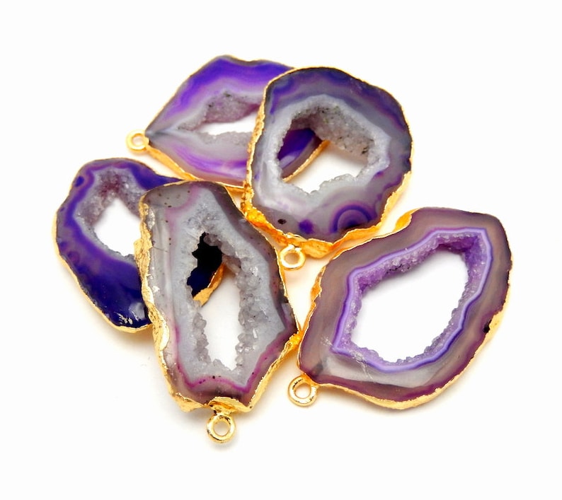 YOU CHooSe AGT-19 Purple Druzy Agate Slice Pendant Electroplated with 24k Gold Edge and Bail
