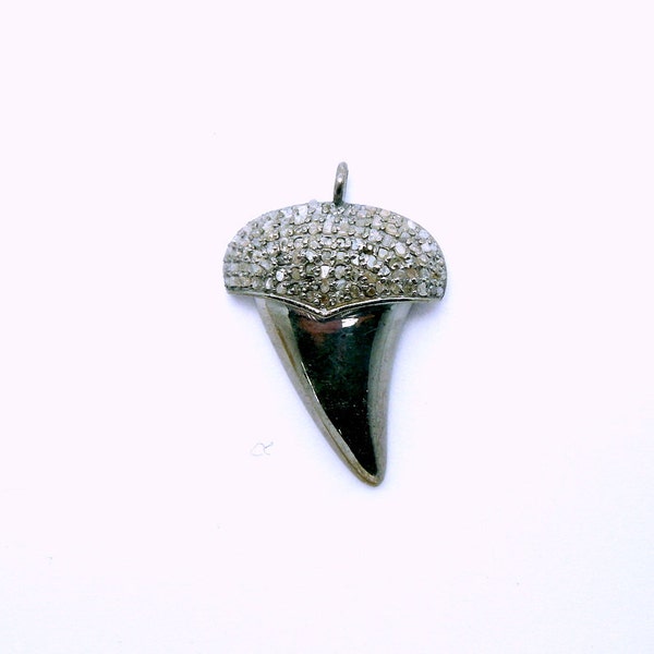 Pave Diamond Oxidized Sterling Silver Shark Tooth Pendant with Pave Diamond Cap (EX2-15)