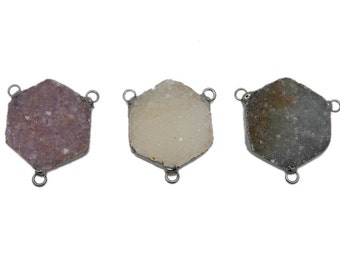 Druzy Hexagon Triple Bail Pendant with Electroplated Gun Metal Edge (S67B14-04)