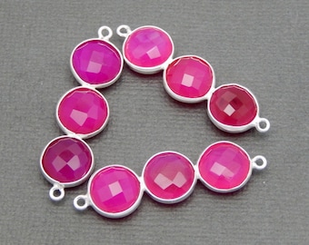 Hot Pink Chalcedony Triple Round Pendant Connector - Three 10mm Sterling Silver Round Attached Bezels Double Bail Pendant (S34B21-02)