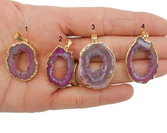 Agate Druzy Slice Freeform Pendant with Electroplated 24k gold Edge --- YoU CHooSE -   Pink Agate (Lot G-2253)