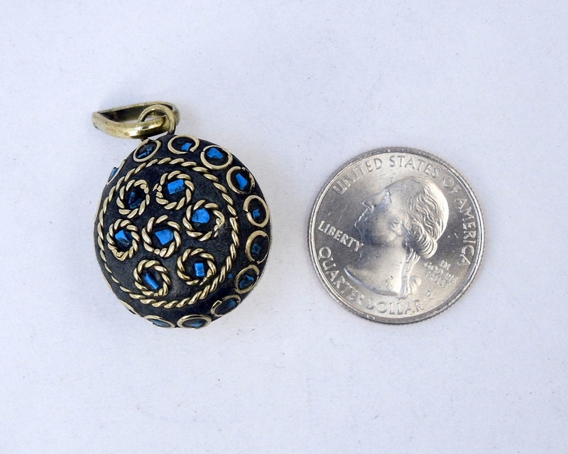 Brass Pendant-- Tibetan Brass Round Pendant With Blue